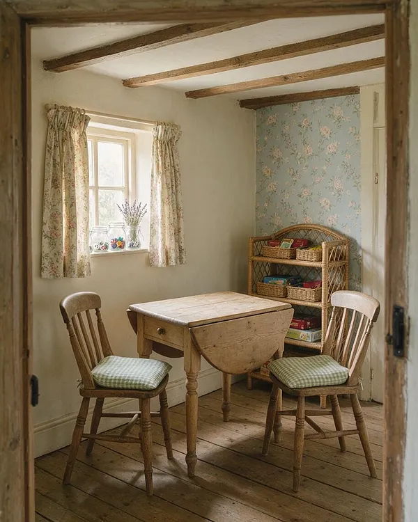 A cozy cottagecore game room with a small wooden drop-leaf table centered between two spindle-back chairs with green gingham cushions. The room has exposed ceiling beams, wide plank wooden floors, cream walls, floral curtains, pale blue floral wallpaper, and wicker shelves holding board games and baskets near a bright window.