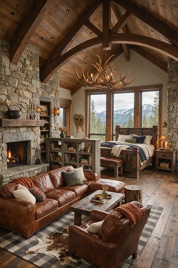 A rustic studio apartment with a vaulted wood-beamed ceiling, exposed stone fireplace, and a large antler chandelier hanging over the room. The space includes a brown leather sofa and armchair, a weathered wood coffee table, a wooden bed frame, and large windows framing mountain views.