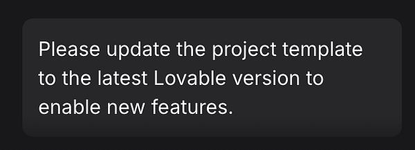 The image displays a dark-themed interface with a message regarding updating a project template.