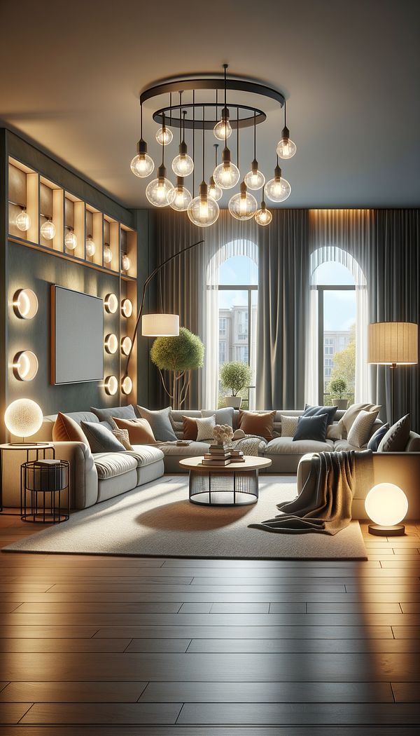 A cozy living room illuminated with various LED lighting options, including pendant lights, floor lamps, and integrated furniture lighting, showcasing the versatility of LED lights in interior design.