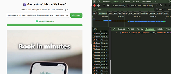 The image displays a web interface for generating a video using Sora-2, alongside a network response log.