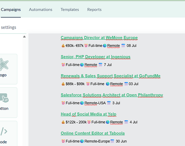 The image displays a job listings interface for various remote positions.