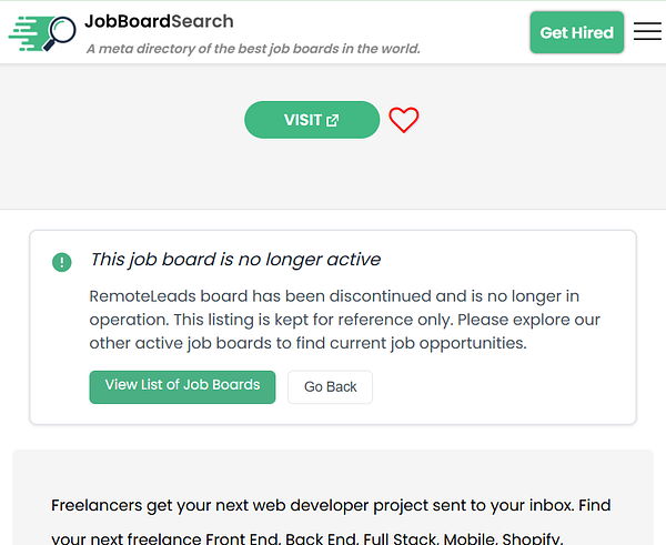 An alert banner indicating that a job board is no longer active, along with options to view other job boards or go back.