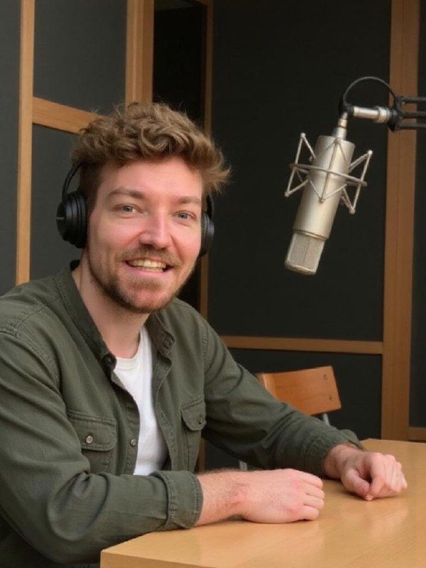 A man with curly hair is sitting at a table in a recording studio, smiling at the camera.
