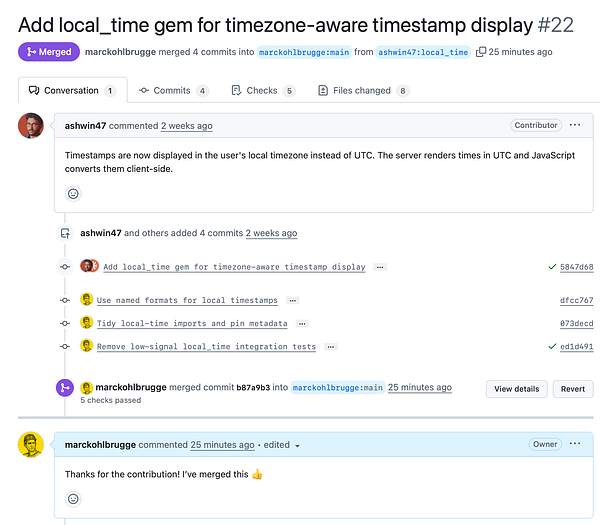 A screenshot of a GitHub pull request conversation related to merging a local_time addition feature.