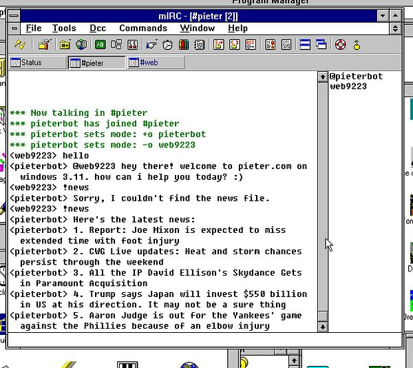 The image displays a chat interface from the mIRC application, showing a conversation in the #pieter channel.