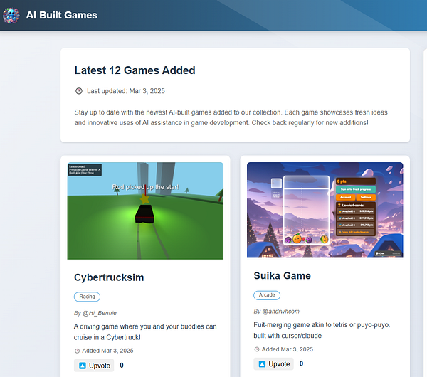 The image displays a webpage showcasing the latest games added to the AI Built Games collection.
