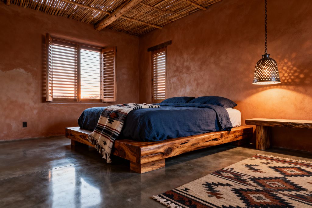 A Southwestern bedroom with terracotta plaster walls and a viga-and-latilla wood ceiling. A low, chunky solid-wood platform bed is dressed in deep navy linen bedding with a Navajo-inspired throw. A perforated metal pendant casts dotted light on the wall, while wood-shuttered windows catch the sunset. The polished concrete floor reflects a cream wool rug with rust and black geometric motifs, and a live-edge wood bench sits beside the bed.