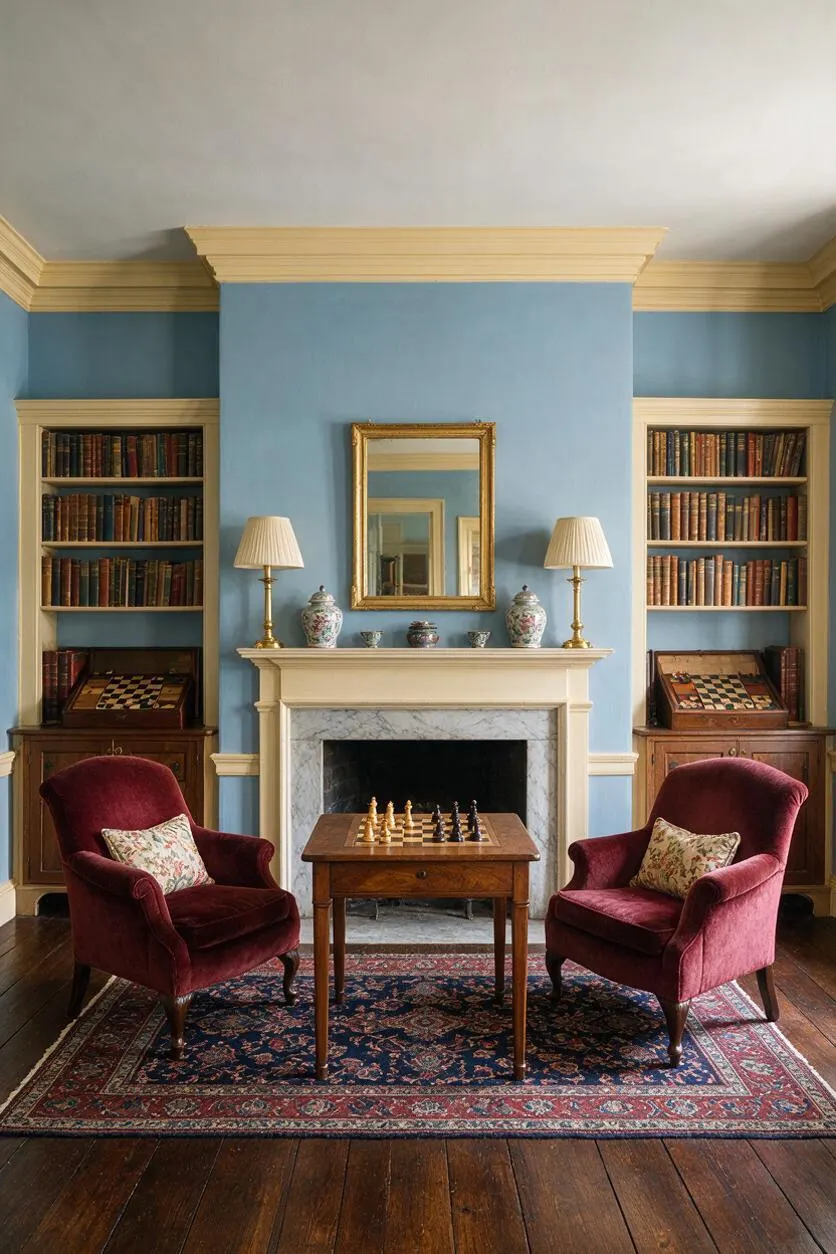 A traditional game room with two burgundy velvet armchairs facing a small wooden chess table on a patterned oriental rug. Blue walls with cream trim frame built-in bookcases, a marble fireplace, brass lamps, and a gold-framed mirror.