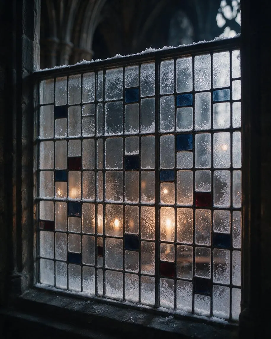 A close-up view of a Gothic-style leaded glass window with small frosted panes arranged in a grid, accented by a few deep blue and red glass squares. Warm candlelight glows softly behind the textured glass, while dark stone or wood framing and a dusting of frost emphasize the moody, historic atmosphere.