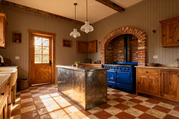 A warm farmhouse kitchen with vertical greige beadboard walls, exposed wood beams, and a sunlit wooden door. A cobalt blue range sits under a brick arched niche beside natural oak cabinets with light stone countertops. The floor is terracotta and cream checkerboard tile, and a patinated metal island stands at center. Ribbed glass pendants hang overhead, and a deep apron-front sink and simple black hardware complete the rustic, functional space.