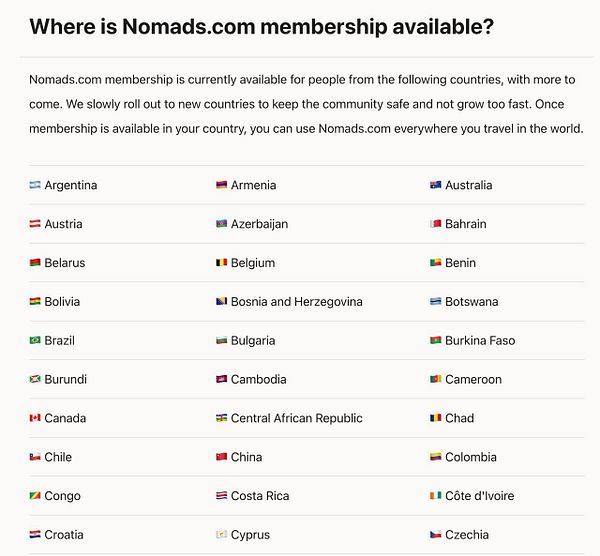 A list of countries where Nomads.com membership is currently available, presented with country flags and names.