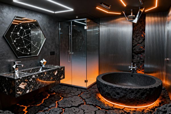 A dark, futuristic bathroom features a hexagonal mirror etched with constellations above a floating black marble double vanity with faceted chrome faucets. A gradient-frosted glass shower sits between corrugated stainless-steel panels and a rough volcanic-stone soaking tub underlit by orange LEDs; the cracked lava-look floor glows with the same molten light, while white and amber linear ceiling strips and a sculptural chrome fixture complete the cosmic theme.