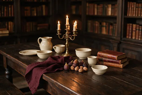 A dark wood table set in a dim library with shelves of old books in the background. The vignette includes a brass candelabra with lit candles, cream ceramic cups and bowls, a pitcher, stacked vintage leather-bound books, figs, walnuts, and a deep burgundy cloth.