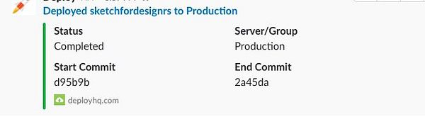 The image displays a deployment notification for a project called 'sketchfordesignrs'.