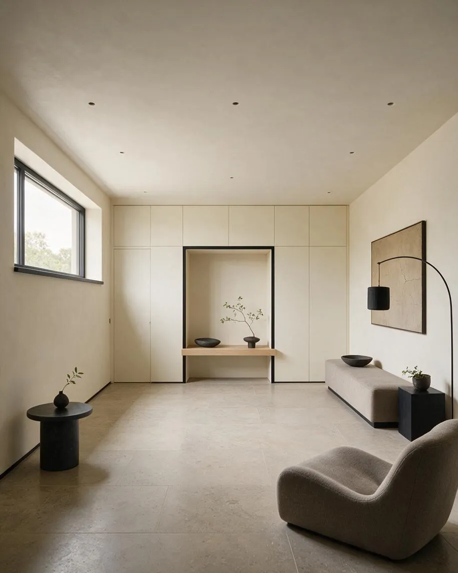 A serene minimalist basement lounge with smooth beige walls, a pale tiled floor, and a recessed built-in niche centered on the back wall. The room includes a low bench, sculptural black side tables, a curved floor lamp, a small window on the left, and a rounded taupe lounge chair.