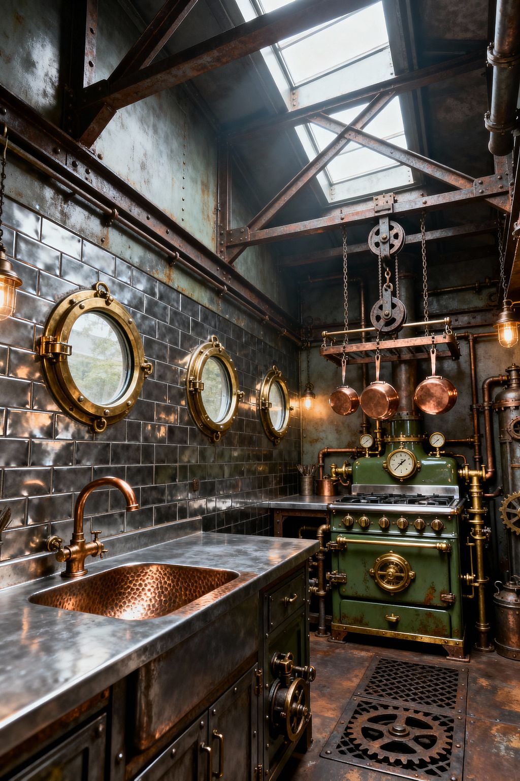A richly detailed steampunk kitchen with riveted steel cabinets and a brushed metal counter holding a hammered copper sink and copper faucet. A glossy charcoal subway-tile backsplash is punctuated by three round brass porthole windows. A patinated green range with brass knobs and pressure gauges sits amid exposed copper and brass pipes. Overhead, a skylight and caged Edison bulbs illuminate chains, pulleys, and hanging copper pans, while gear motifs and industrial fittings complete the scene.