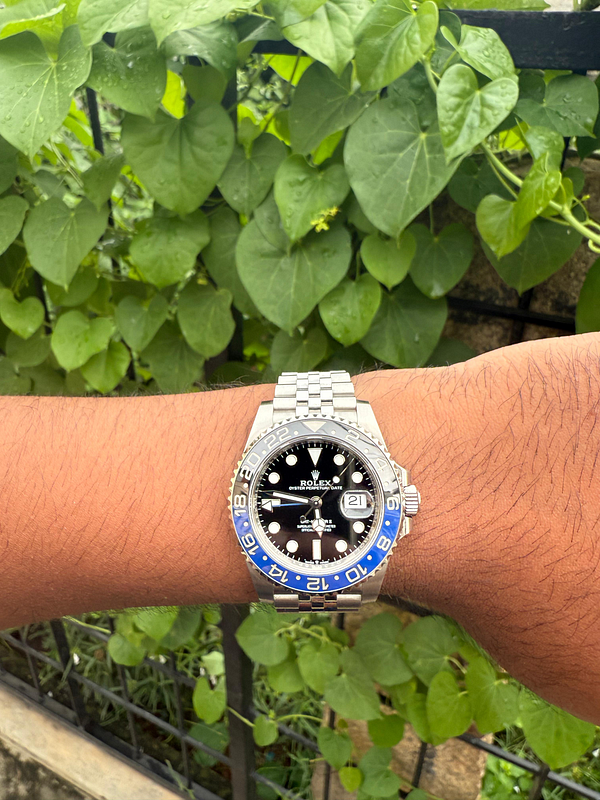 A close-up shot of a Rolex watch on a person's wrist against a backdrop of green leaves.