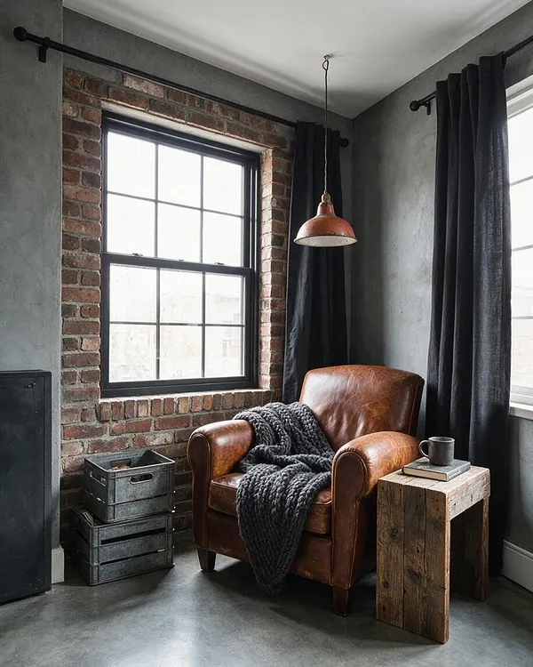 A moody industrial sunroom with a leather armchair, exposed brick window surround, concrete walls, and black curtain panels. A copper pendant light hangs above a rustic wood side table, while stacked metal crates and a chunky knit throw add texture.