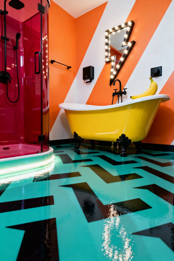 A vibrant bathroom features a yellow enamel clawfoot tub with black feet and a wall-mounted black faucet before orange-and-white diagonal stripes, with a banana on the rim. To the left, a curved hot-pink glass shower glows with an LED base; the glossy aqua floor has a bold black zigzag pattern, and a lightning-bolt mirror edged in marquee bulbs hangs above with matte black accessories completing the Pop Art scheme.
