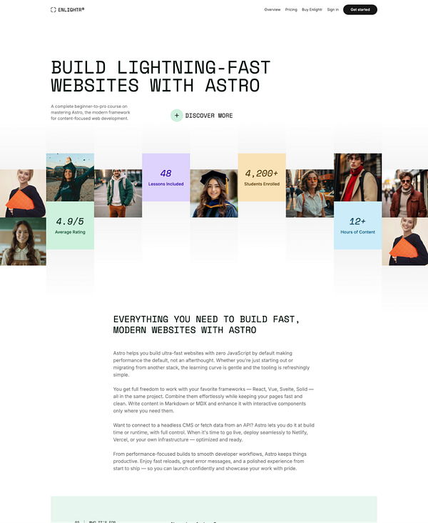 The image displays a promotional webpage for Enlightr, highlighting a course on building websites with Astro.