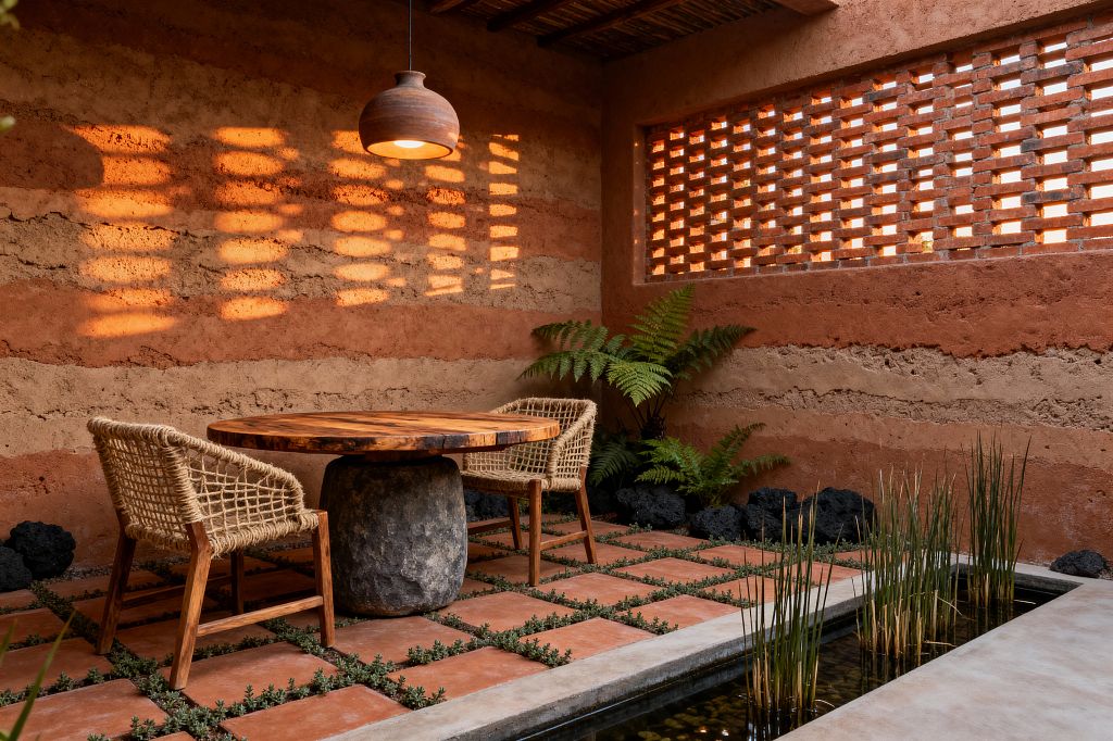 A compact dining space with rammed-earth walls and a perforated brick screen casting dappled sunlight across the room. A round live-edge wood table sits on a large stone base with two wood-framed chairs woven in natural rope. Terracotta pavers form a planted grid underfoot beside a shallow water channel with reed plants. Ferns and dark lava rocks line the wall, and a clay pendant hangs from a slatted wood ceiling.