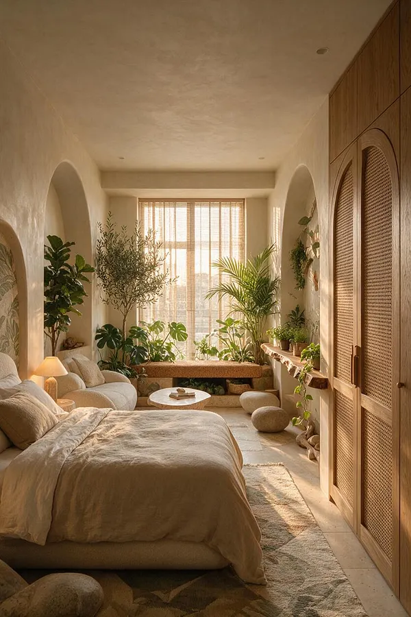 A warm guest bedroom with a low bed dressed in beige linens, surrounded by many indoor plants and framed by arched wall niches. Sunlight filters through sheer window coverings, while a wooden rattan-front wardrobe and natural stone accents add earthy texture throughout the room.