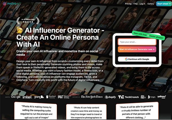 The image features a promotional webpage for the AI Influencer Generator by Photo AI, showcasing its features and user interface.