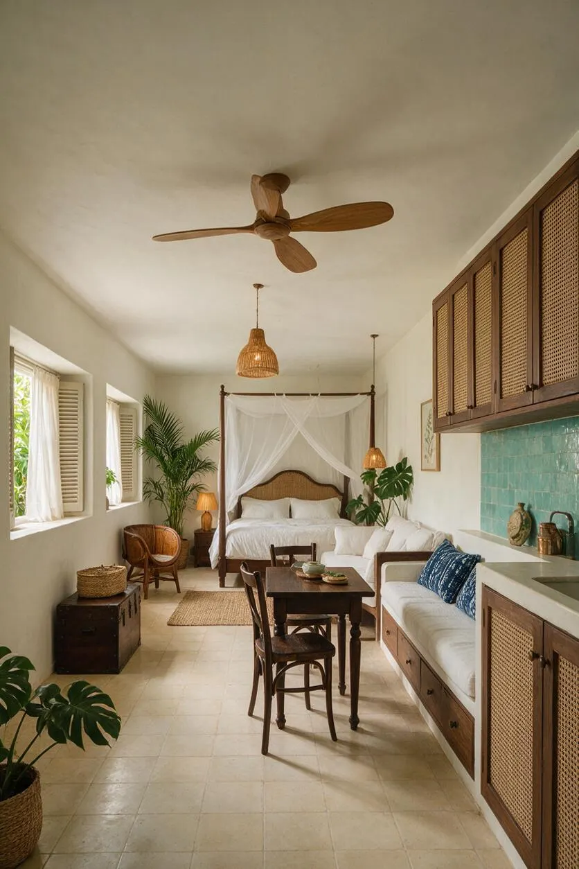 A tropical-style basement room with a four-poster canopy bed dressed in white sheers, a small dark wood dining table, wicker chairs, and lush potted plants. The space features white walls, pale tiled floors, a wooden ceiling fan, woven pendant lights, turquoise tile backsplash, and rattan-front cabinetry.