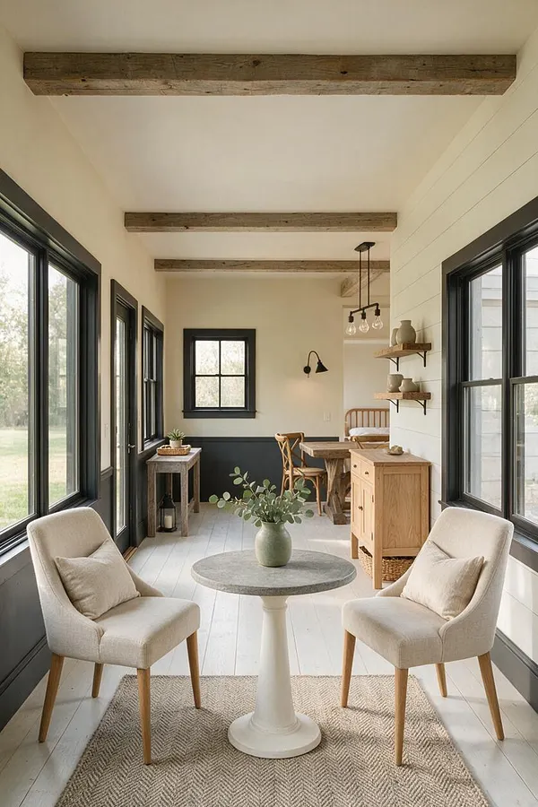 A bright farmhouse-style game room with black-framed windows, white shiplap walls, rustic wood ceiling beams, and light upholstered chairs around a small pedestal table. The space includes a woven rug, natural wood furniture, and simple decor for a calm, inviting feel.