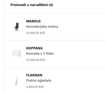 The image displays a list of items ordered from IKEA for a new apartment.