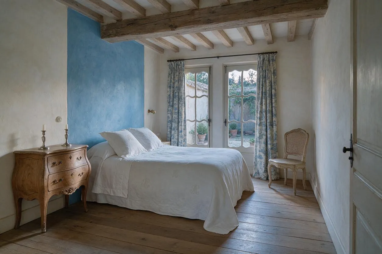 A cozy French Country guest bedroom with exposed wood ceiling beams, wide-plank wooden floors, and plaster walls. A bed dressed in white bedding sits beside a distressed wood nightstand, while floral curtains frame French doors that open to a small outdoor courtyard.