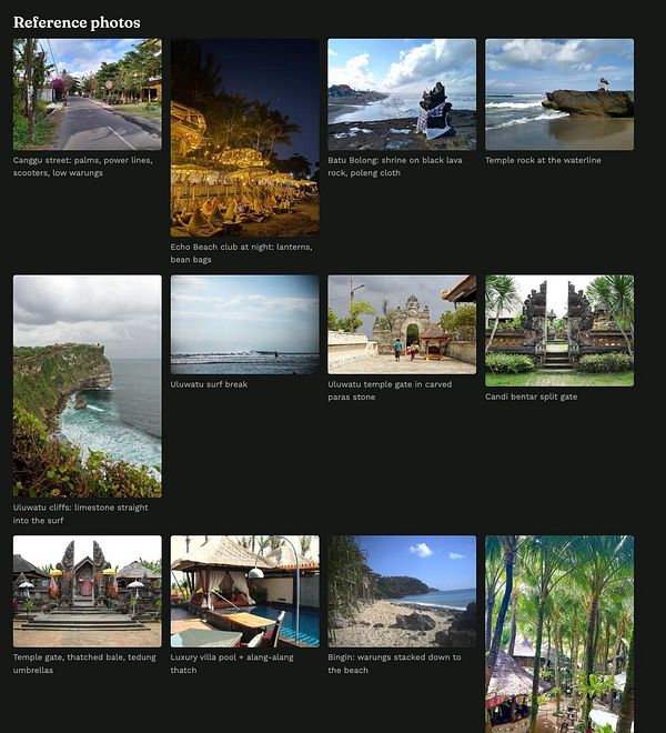 Reference photos from Bali featuring streets, beaches, temples, cliffs, and villas with descriptive labels.