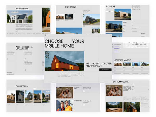 The image displays a collage of web pages showcasing the Mølle cabin designs and features.