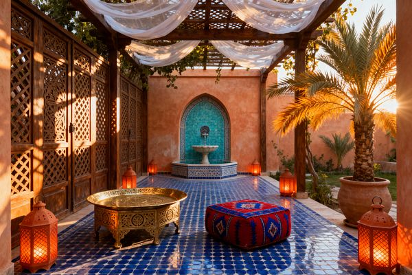 An outdoor Moroccan patio features a timber pergola with airy white fabric draped beneath a lattice roof, casting patterned shade on a glossy cobalt-blue zellige floor. At the end, an ogee-arched niche with turquoise mosaic frames a tiered stone fountain, while carved wood screens, copper lanterns, a round brass tray table, a red-and-indigo kilim pouf, and a potted palm glow in warm sunset light.
