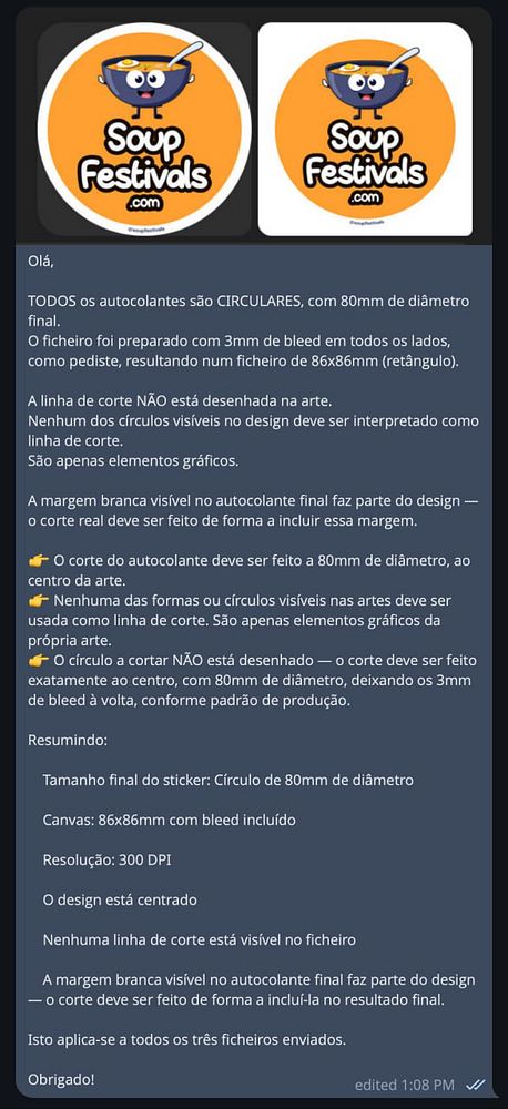A detailed message regarding sticker design specifications and concerns about potential misinterpretations by a print vendor.