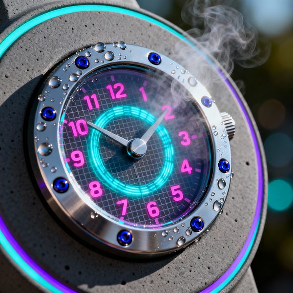 Close-up of a circular wall clock mounted on a textured gray concrete surface, with cyan and purple LED bands embedded in the wall. The clock has a brushed stainless-steel bezel with blue screws, a tempered-glass face, grid-pattern dial, teal inner halo, and bright magenta numerals. Water droplets bead across the metal and glass as wisps of steam rise, suggesting a shower-side placement in a cyberpunk-inspired bathroom.