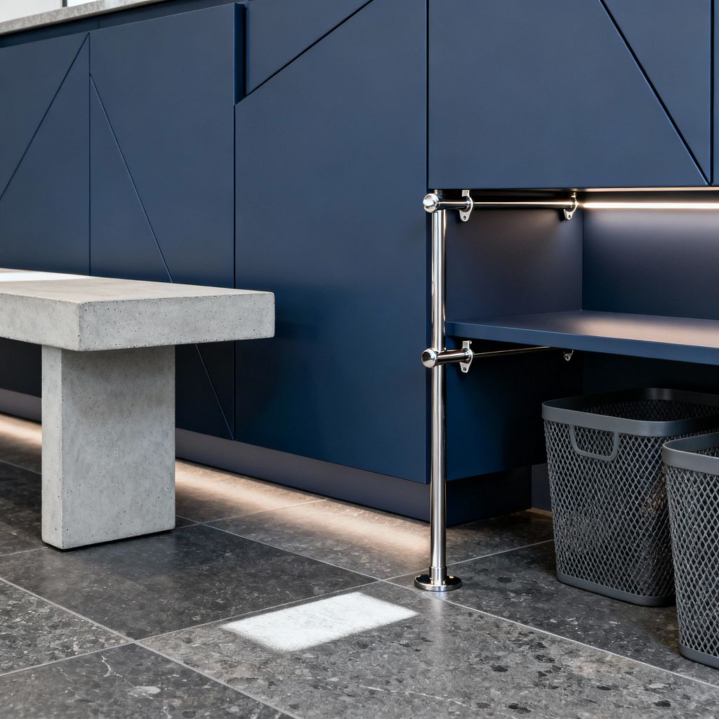 A modern mudroom features flat-front navy cabinets with subtle geometric grooves, a built-in navy bench supported by polished chrome tubing, and integrated LED strip lighting at the shelf and toe kick. The floor is laid in large-format honed gray stone tiles, a solid concrete bench sits opposite, and two gray open-weave plastic baskets are tucked neatly beneath the bench for storage.
