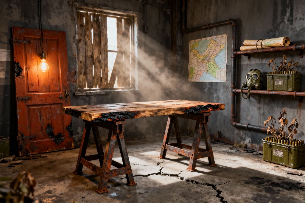 A post-apocalyptic themed home office features a charred wooden workbench on rusted steel sawhorses, set on a cracked concrete floor within smoke-stained walls. Sunlight streams through a boarded window while a bare Edison bulb glows by a distressed red door; pipe shelves hold olive ammo boxes, rolled maps, and a gas mask beside a wall map, with dust hanging in the air.