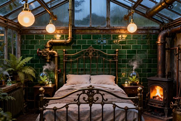 An ornate brass bed sits before a wall of glossy emerald-green subway tiles inside a glass-roofed space with exposed brass pipes and globe pendant lights. A cast-iron wood stove glows to the right, while nightstands display glass cloches with misting ferns; additional ferns, a metal radiator, neutral linen bedding, and a worn concrete floor complete the industrial steampunk atmosphere.