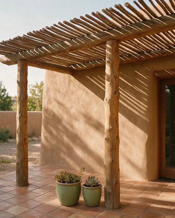 An exterior Southwestern-style porch with a rustic wooden pergola made of rough-hewn logs casting striped shadows across a smooth adobe wall and terracotta tile floor. Two small green potted succulents sit near the wall beside a wood-framed doorway, with desert landscaping visible in the background.