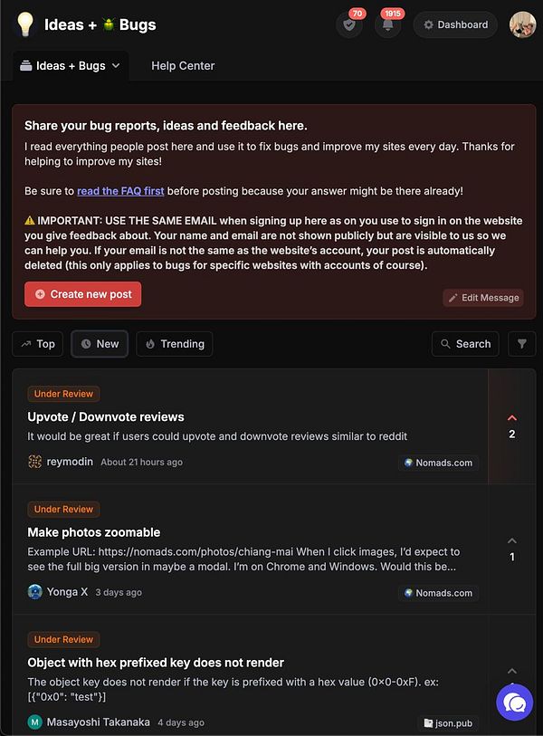 The image displays a user interface for submitting bug reports and feedback on a website.