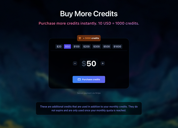 The image displays a user interface for purchasing credits with various pricing options.