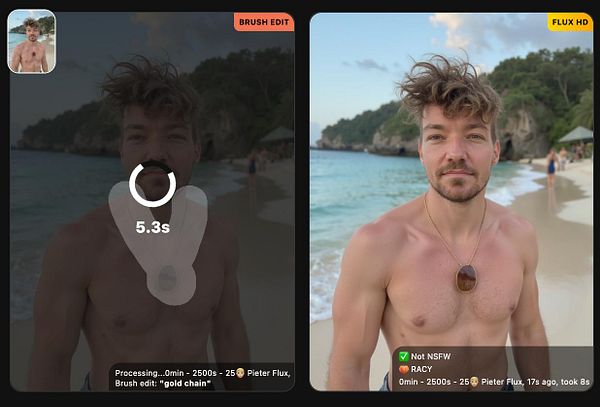A man is shown on a beach with a processing overlay indicating an image editing task.