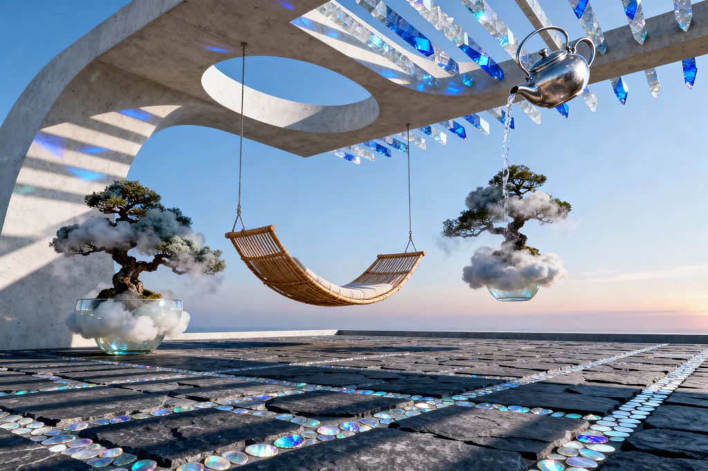 An open-air patio features a sculptural concrete pergola with a large circular opening and rows of blue-and-clear crystal prisms that refract light across the space. A bamboo sling hammock hangs at center, flanked by bonsai trees in clear bowls surrounded by cloudlike mist, while a polished metal teapot hovers and pours water; beneath, charcoal stone pavers are gridded with iridescent glass inlays, set against a vast sky and horizon.