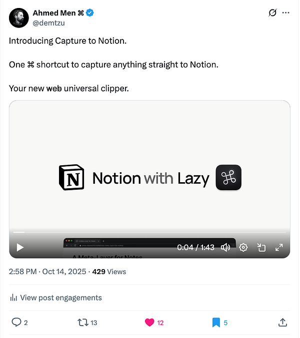 A promotional tweet introducing the 'Capture to Notion' feature with a video demonstration.