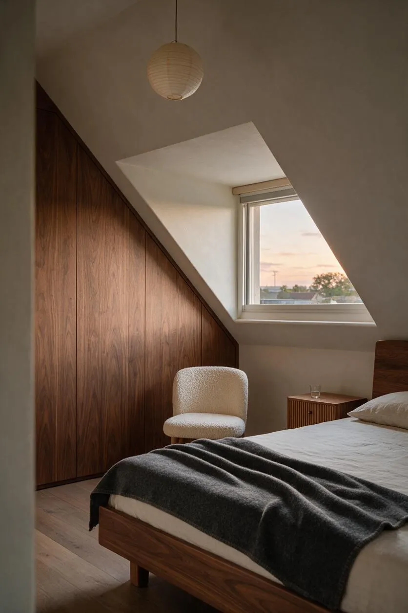 A modern guest bedroom with a sloped ceiling, a triangular skylight-style window, and warm walnut wood paneling built into the wall. The room includes a low wooden bed with white bedding and a dark throw, a textured cream accent chair, a small wood nightstand, and a paper pendant light, all lit by soft sunset light.