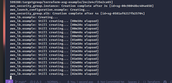 The image displays a terminal output showing the progress of deploying AWS resources using Terraform.