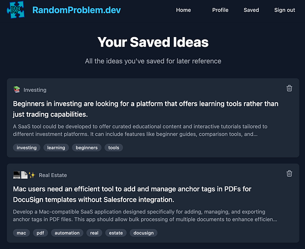 The image displays a user interface for saving ideas on a platform called RandomProblem.dev.