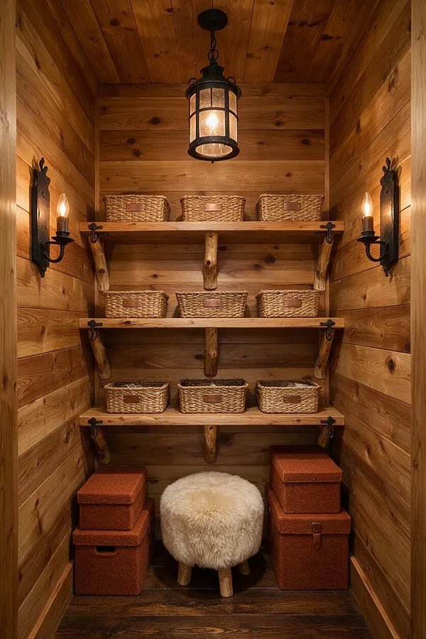 A narrow closet lined entirely in warm stained wood boards, with three open shelves holding woven baskets, black wall sconces on both sides, and a central lantern pendant overhead. The lower area includes stacked brown storage boxes and a small round fur-covered stool, creating a cozy rustic storage nook.